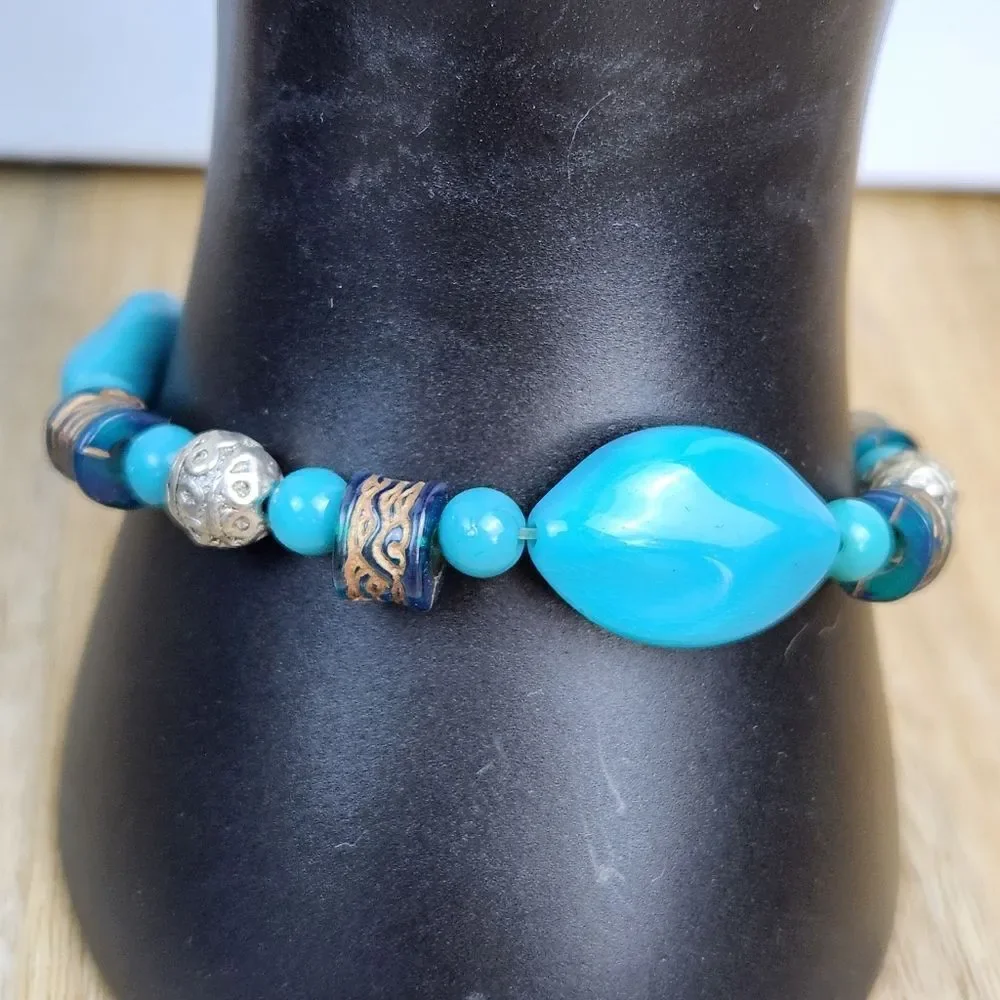 🔺️Turquoise Stone & Antique Silver Plated Beads Stretchy Bracelet